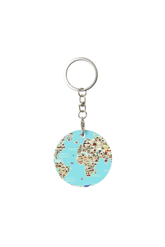 World Travel Line Icons Map Print Round Keychain Keychain Key Ring, Key Tag, Key Chain Bulk for Gift Accessories (Round)