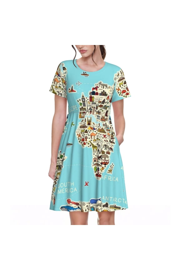World Travel Line Icons Map Print Womens Summer A-Line Dress with Pockets,Short Sleeve Dresses,Flowy Beach Swing Dress for Vacation Travel