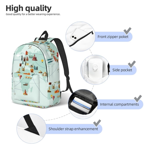 Naloa World Travel Map Print Durable Canvas College Rucksack,Laptop Excursion Backpack,Travel Notebook School Backpack,Bookbag For Men Women