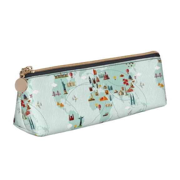 Naloa World Travel Map Print Leather Pencil Case - Portable Big Capacity Pencil Pouch Organizer Bag Stationery Bag for Work & Office Pencil Pen Case