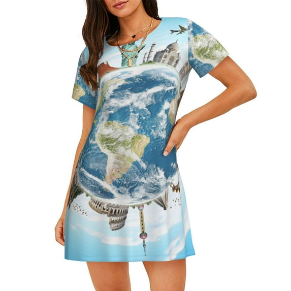 Naloa World Travel Print Women Nightgowns,Womens Loungewear,Short Sleeve Sleepwear,Comfy Ladies Nightdress
