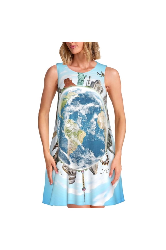 World Travel Print Women's Summer Spring Casual Beach Sundress,Vacation Sleeveless Tank Crewneck Loose Dresses