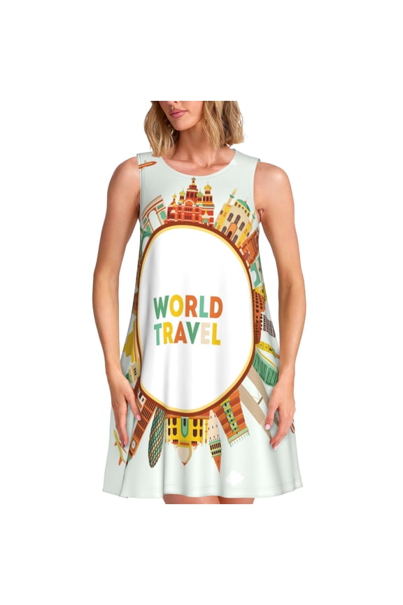 World Travel3 Print Women's Summer Spring Casual Beach Sundress,Vacation Sleeveless Tank Crewneck Loose Dresses