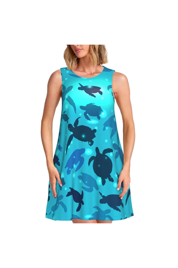 World Turtle Day Print Women's Summer Spring Casual Beach Sundress,Vacation Sleeveless Tank Crewneck Loose Dresses