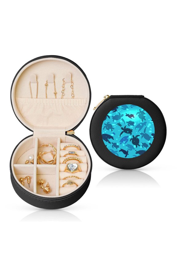 World Turtle Day Round Jewelry Box, Travel Jewelry Organizer, 3.9 x 3.9 x 2in Jewelry Storage Box for Women-Black