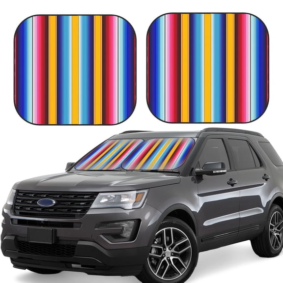 Naloa Yellow Blue Mexican Blanket Stripes Print 2-Piece Windshield Sunshade,Foldable Car Front Window Sun Shades,for Most Sedans SUV Truck-Large