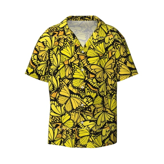 Naloa Yellow Butterflies Men's Loose Fit Cuban Collar Short-Sleeve Shirt with Button-down and Chest Pocket for Everyday Wear Outings - X-Large