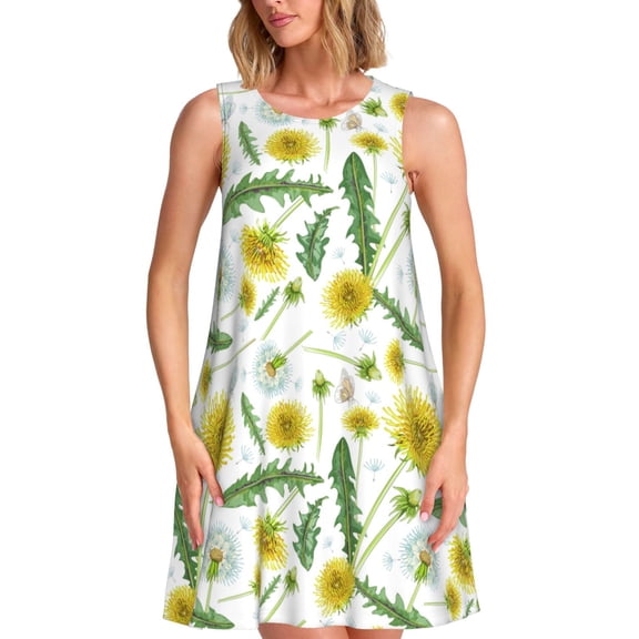 Naloa Yellow Dandelions Print Women's Summer Spring Casual Beach Sundress,Vacation Sleeveless Tank Crewneck Loose Dresses