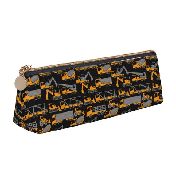 Naloa Yellow Excavator Print Leather Pencil Case - Portable Big Capacity Pencil Pouch Organizer Bag Stationery Bag for Work & Office Pencil Pen Case