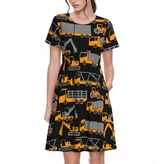 Naloa Yellow Excavator Print Womens Summer A-Line Dress with Pockets,Short Sleeve Dresses,Flowy Beach Swing Dress for Vacation Travel