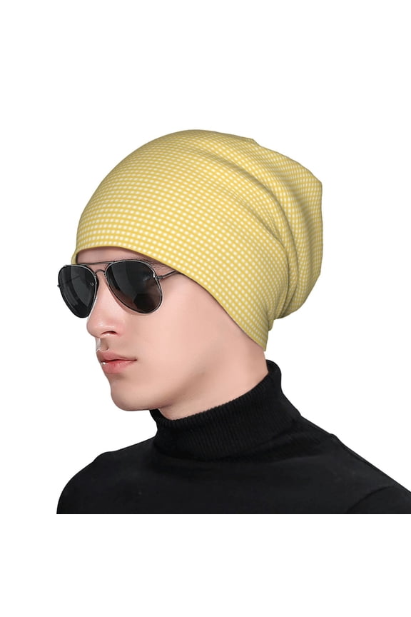 Yellow Gingham Soft Beanie Hat, Knit Beanie Daily Beanie in Fine Knit for Women Men Winter Travel, Outdoor
