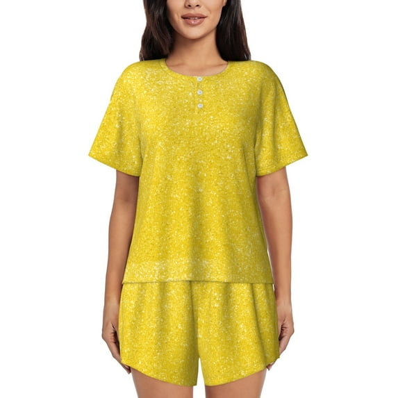 Naloa Yellow Glitter Women's Short-Sleeved Pajama Set, Loungewear, Summer pajamas, Breathable Cozy - Small