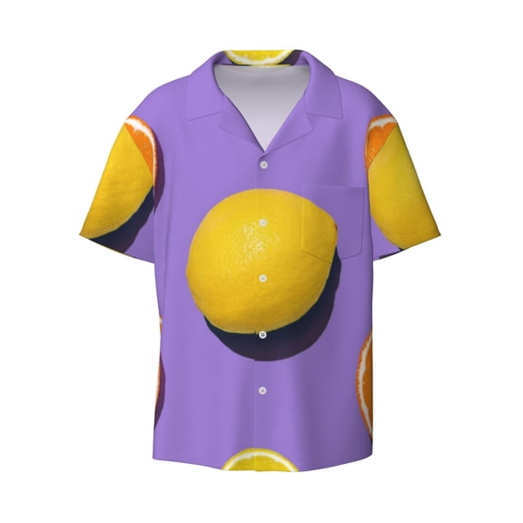 Naloa Yellow Lemon And Orange Men's Loose Fit Cuban Collar Short-Sleeve Shirt with Button-down and Chest Pocket for Everyday Wear Outings - Large