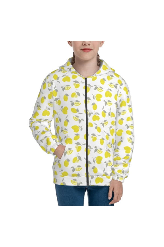 Yellow Lemon Leaves Teenage Zipper Hoodie, Long Sleeve Zip Up Hoodies Casual Jackets Tops for 7-12 Years-Small