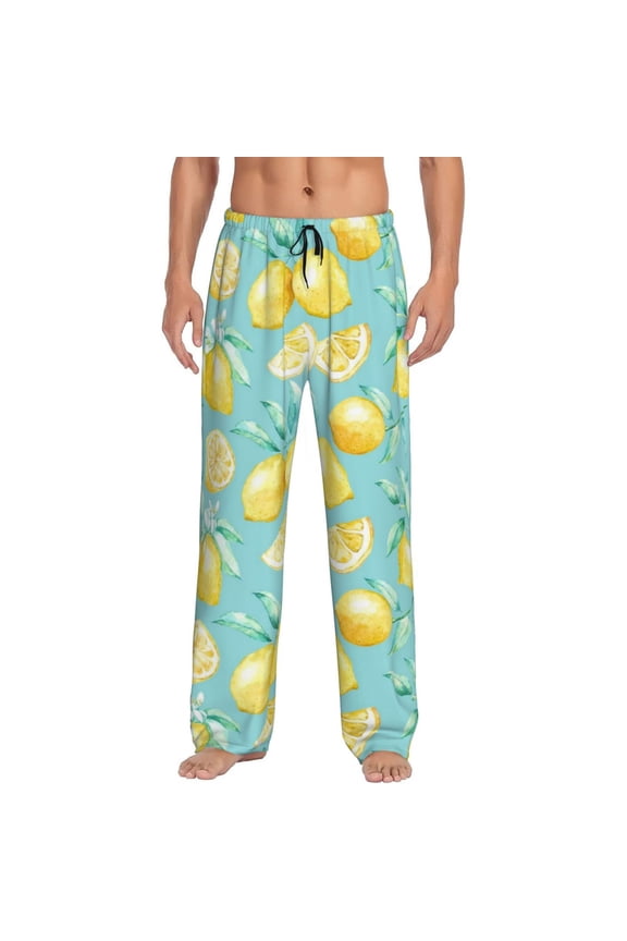 Yellow Lemon Pajama Pants Men, PJ Bottoms, Sleep & Lounge Pants-Large