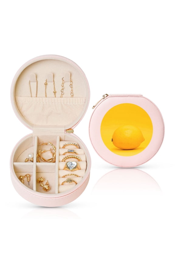Yellow Lemon Round Jewelry Box, Travel Jewelry Organizer, 3.9 x 3.9 x 2in Jewelry Storage Box for Women-Pink