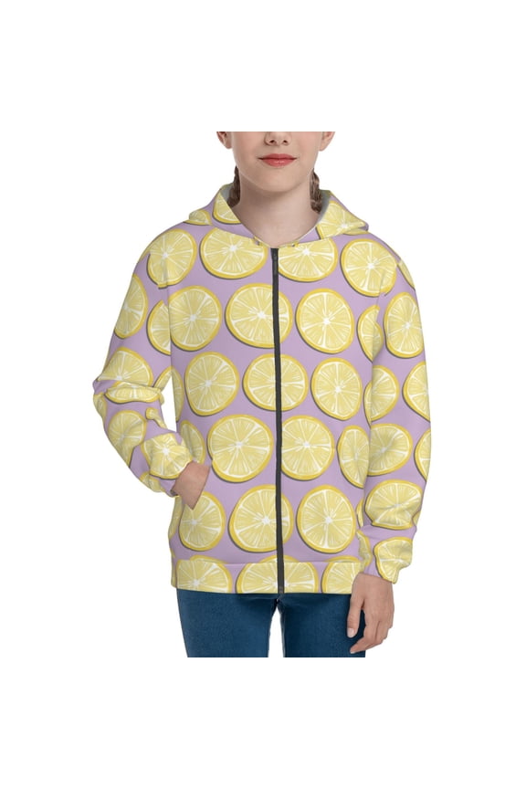 Yellow Lemon Slices Teenage Zipper Hoodie, Long Sleeve Zip Up Hoodies Casual Jackets Tops for 7-12 Years-Medium