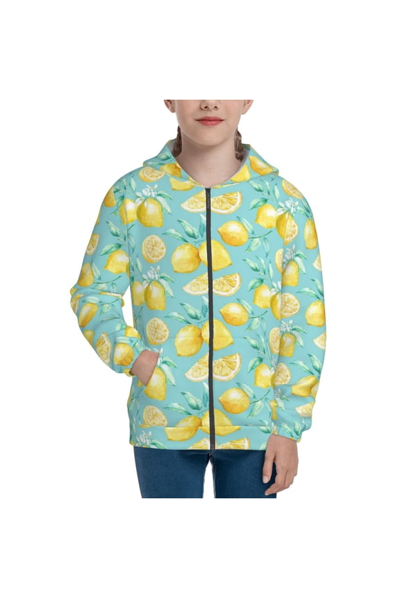 Yellow Lemon Teenage Zipper Hoodie, Long Sleeve Zip Up Hoodies Casual Jackets Tops for 7-12 Years-Medium