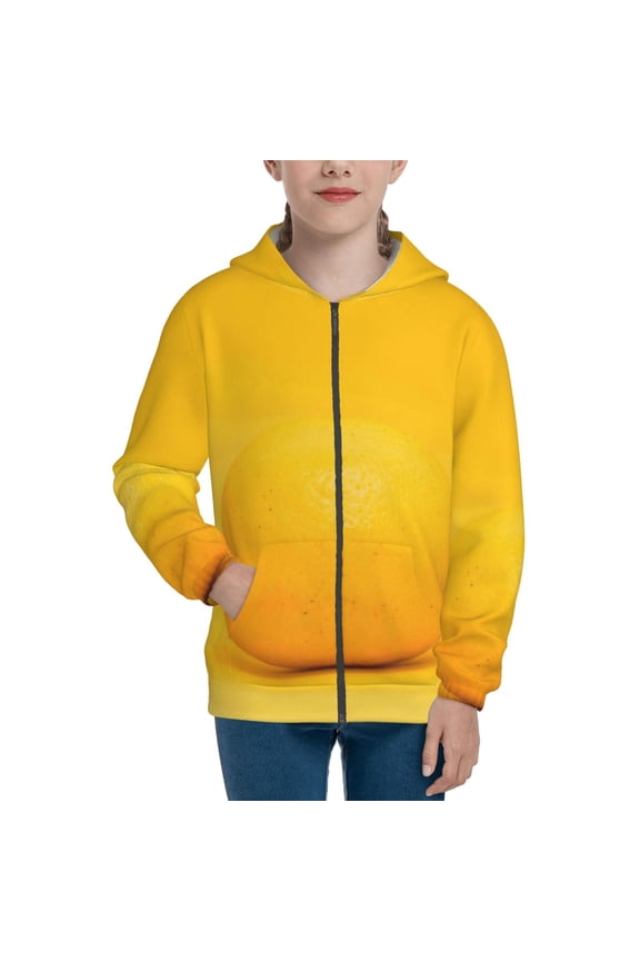 Yellow Lemon Teenage Zipper Hoodie, Long Sleeve Zip Up Hoodies Casual Jackets Tops for 7-12 Years-Small