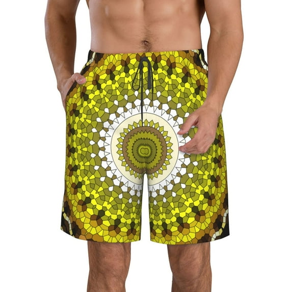 Naloa Yellow Mandala Men's Beach Shorts, Surfing shorts, Swim trunks, Quick Dry Swim Trunks for Surfing Beach Fun - X-Large
