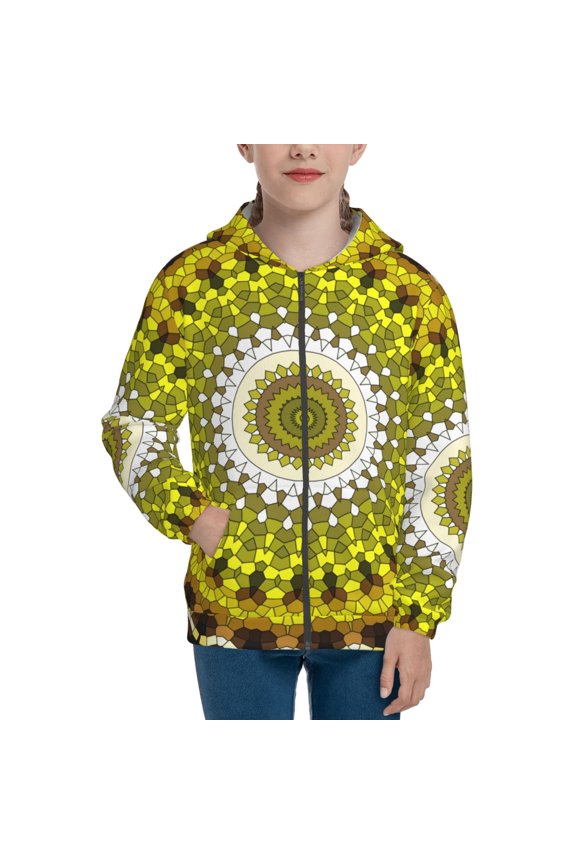 Yellow Mandala Teenage Zipper Hoodie, Long Sleeve Zip Up Hoodies Casual Jackets Tops for 7-12 Years-Small