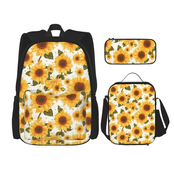 Naloa Yellow Polka Dot Sunflower Print Large Capacity Backpack Lunch Bag Pencil Case Combination 3 Piece Set for Student