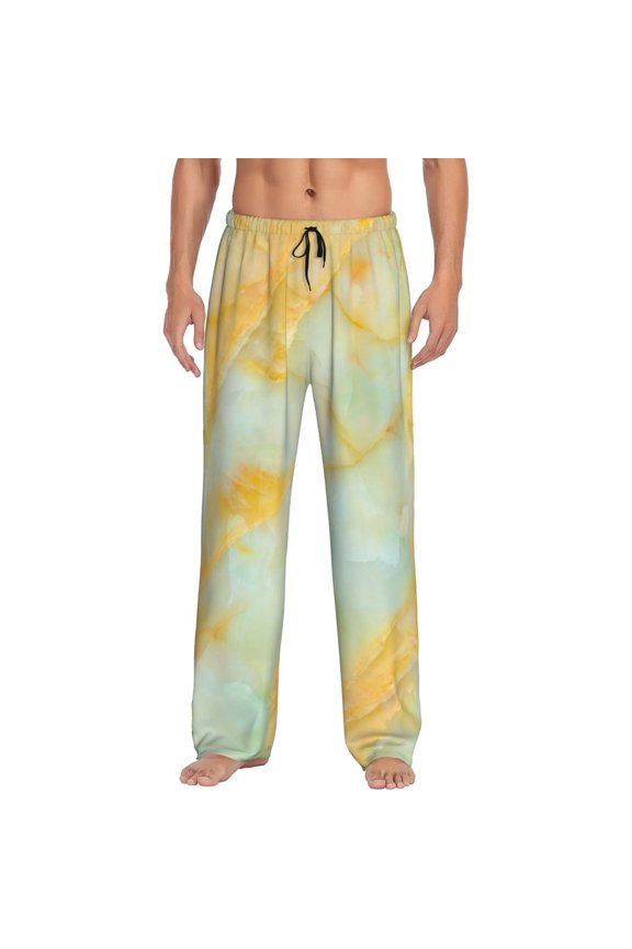 Yellow With Teal Marble Pajama Pants Men, PJ Bottoms, Sleep & Lounge Pants-Small