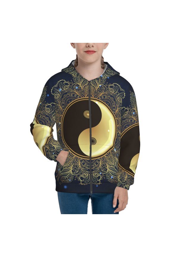 Yin And Yang Mandala Teenage Zipper Hoodie, Long Sleeve Zip Up Hoodies Casual Jackets Tops for 7-12 Years-Medium