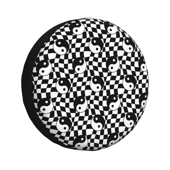 Naloa Ying Yang Checkered PVC Leather Spare Tire Wheel Cover for Car Truck SUV Camper Trailer Universal Fit many size14 inch
