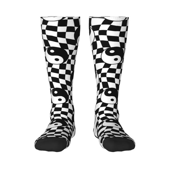 Naloa Ying Yang Checkered Thigh High Socks Extra Long Stretchy Sock Women Over Knee High Opaque Stocking Daily Wear