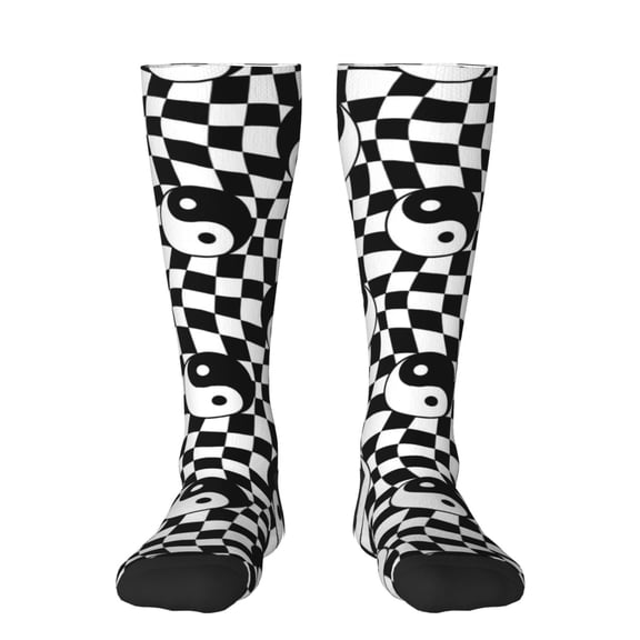 Naloa Ying Yang Checkered Thigh High Socks Extra Long Stretchy Sock Women Over Knee High Opaque Stocking Daily Wear