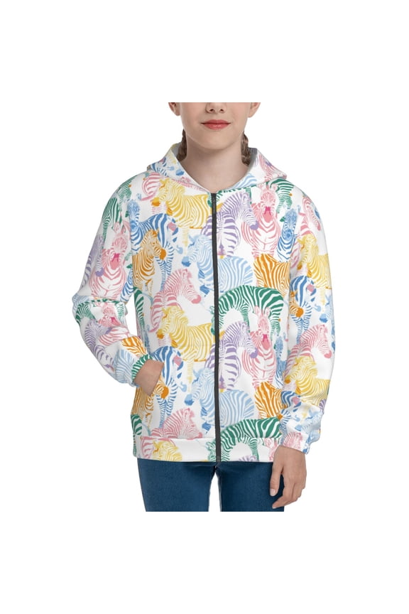 Zebra Colourful Teenage Zipper Hoodie, Long Sleeve Zip Up Hoodies Casual Jackets Tops for 7-12 Years-Medium