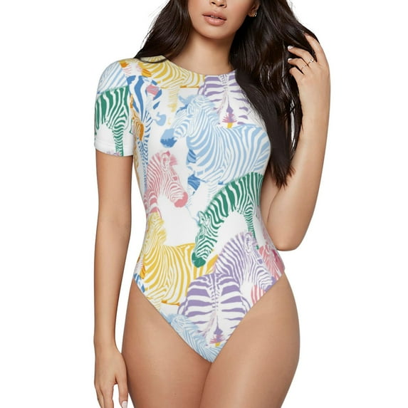 Naloa Zebra Colourful Women's Short-Sleeved Onesie, One-Piece Swimsuit for Parties, dates, clubs - XX-Large