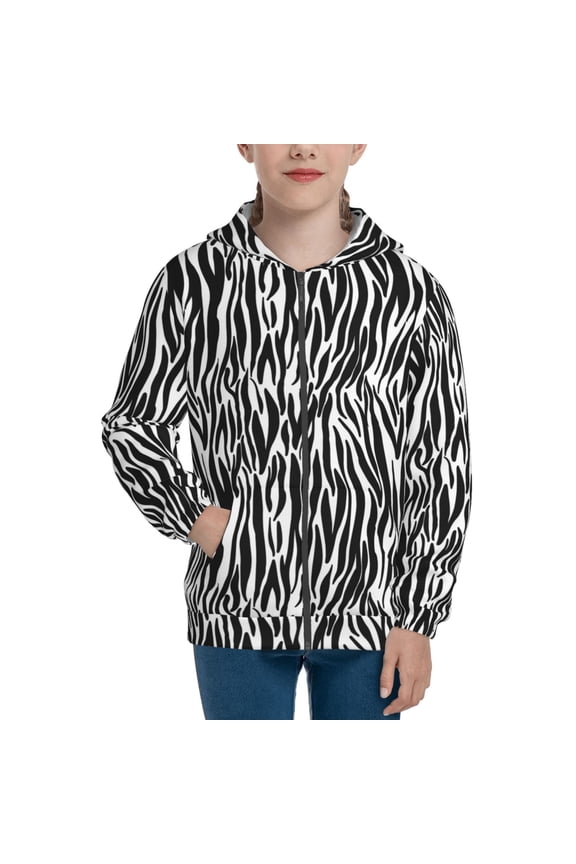 Zebra Teenage Zipper Hoodie, Long Sleeve Zip Up Hoodies Casual Jackets Tops for 7-12 Years-Medium