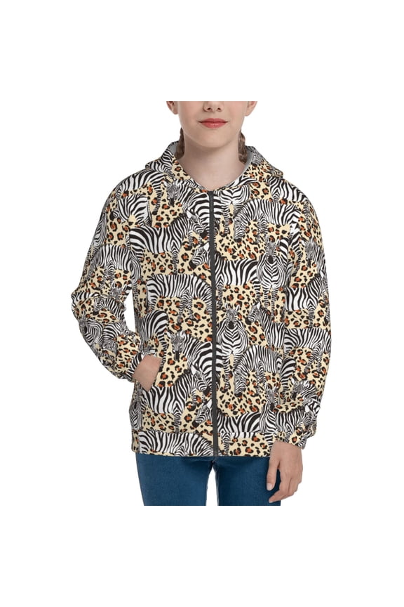 Zebra Teenage Zipper Hoodie, Long Sleeve Zip Up Hoodies Casual Jackets Tops for 7-12 Years-Small