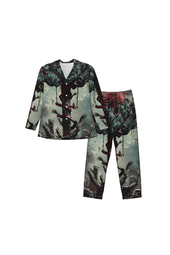 Zombie Flower Apocalypse Men’s Pajamas Set - Long Sleeve Button Down Sleep Shirt and Pajama Bottoms Sleepwear Set-Small