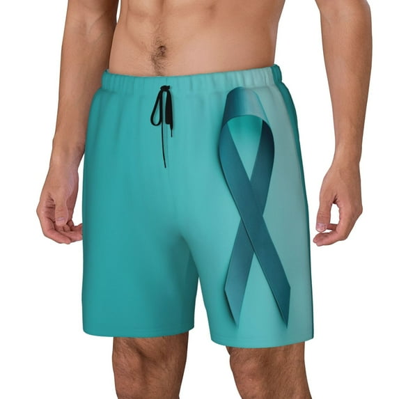 Naloa a Teal Ribbonin Print Men Swim Trunks with Compression Liner ,Board Shorts,Men's Swim Shorts with Drawstring and Elastic Waistband-XX-Large