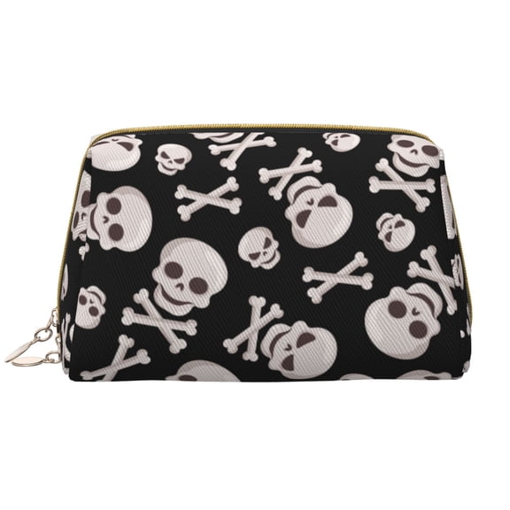 Naloa black white Skull bone Leather Makeup Bag for Purse Travel, Portable Small Cosmetic Organizer for Women and Girls, Make up Bag with Zipper