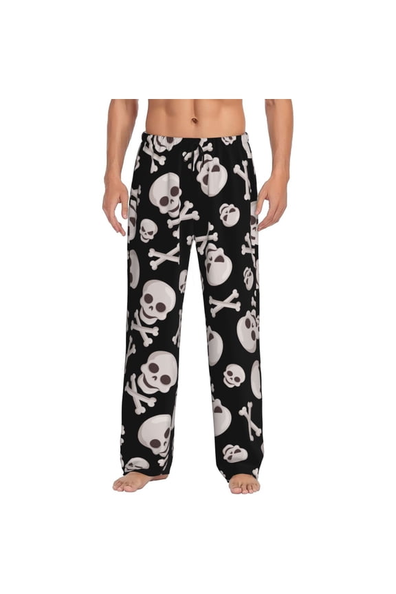 black white Skull bone Pajama Pants Men, PJ Bottoms, Sleep & Lounge Pants-Small