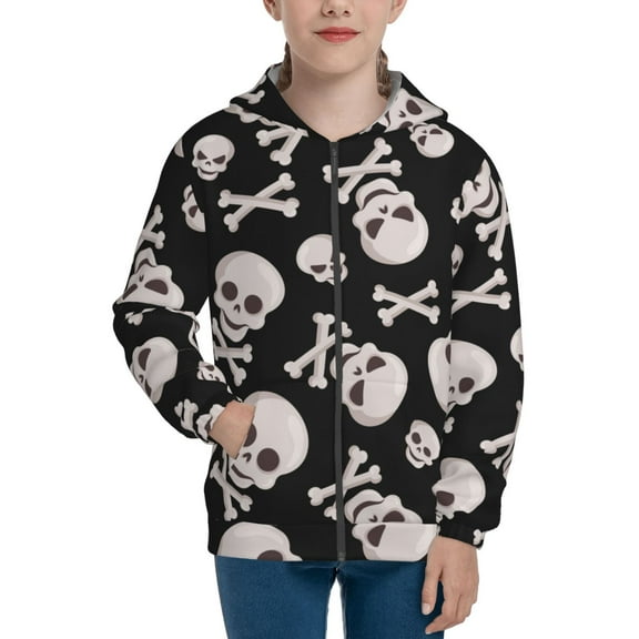 Naloa black white Skull bone Teenage Zipper Hoodie, Long Sleeve Zip Up Hoodies Casual Jackets Tops for 7-12 Years-Medium