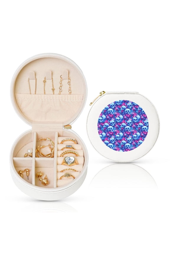 blue Skull purple flower Round Jewelry Box, Travel Jewelry Organizer, 3.9 x 3.9 x 2in Jewelry Storage Box for Women-White