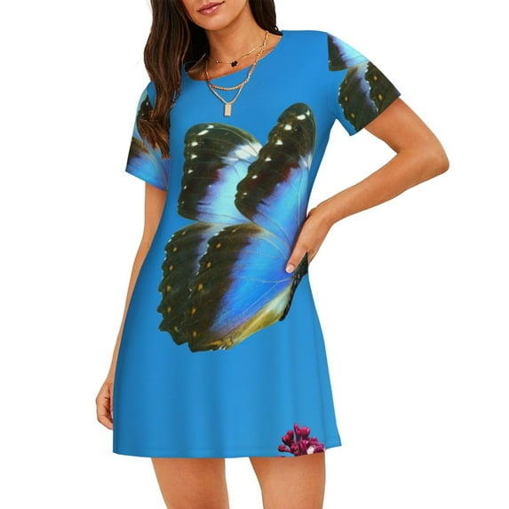 Naloa butterfly and purple lilac flowers Print Women Nightgowns,Womens Loungewear,Short Sleeve Sleepwear,Comfy Ladies Nightdress