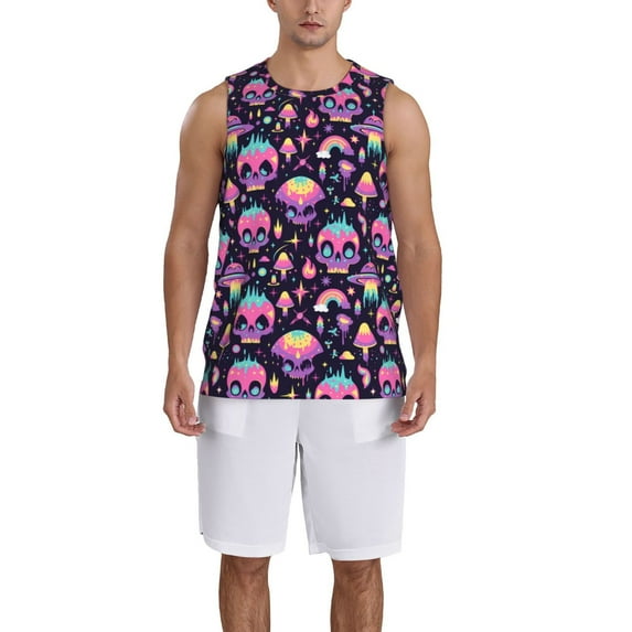 Naloa cartoon Skull rainbow space Basketball Jersey Reversible Men's Mesh Athletic Sports Shirts Training Practice S-4XLMedium