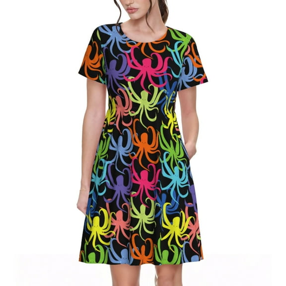 Naloa cartoon octopus Print Womens Summer A-Line Dress with Pockets,Short Sleeve Dresses,Flowy Beach Swing Dress for Vacation Travel