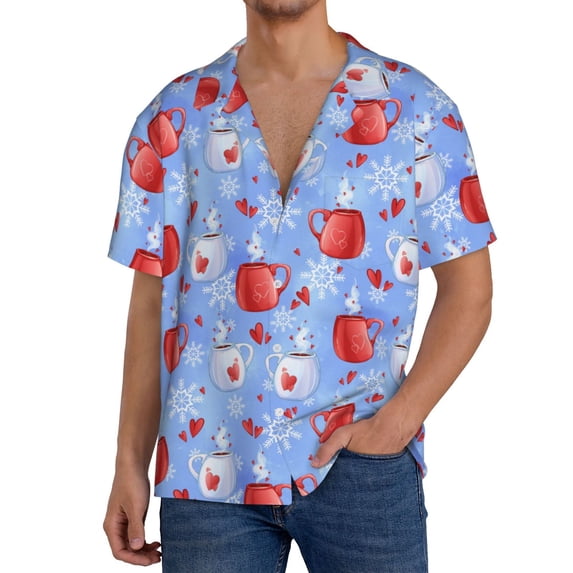 Naloa coffee love cup winter Men's Loose Fit Cuban Collar Short-Sleeve Shirt, Hawaiian Shirts, Mens Shirts Casual for Everyday Wear Outings-4X-Large