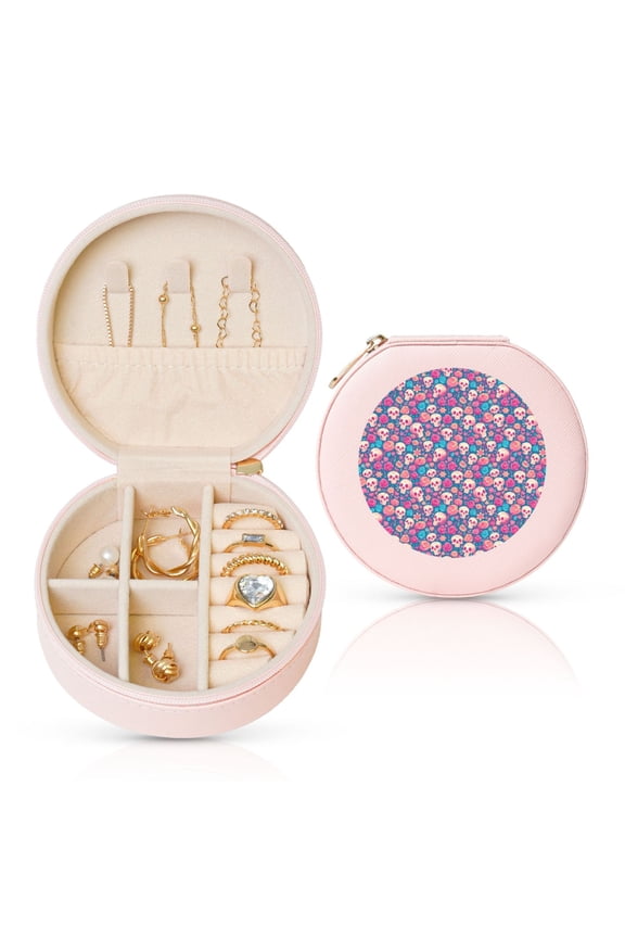 colorful Skull flower Round Jewelry Box, Travel Jewelry Organizer, 3.9 x 3.9 x 2in Jewelry Storage Box for Women-Pink