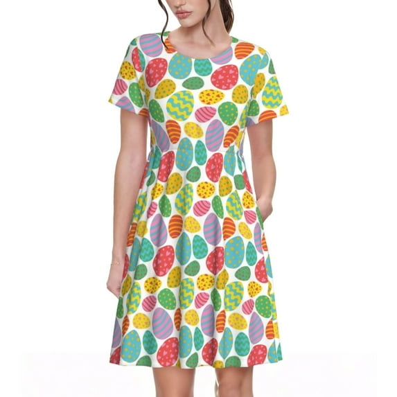 Naloa colorful easter eggs Print Womens Summer A-Line Dress with Pockets,Short Sleeve Dresses,Flowy Beach Swing Dress for Vacation Travel