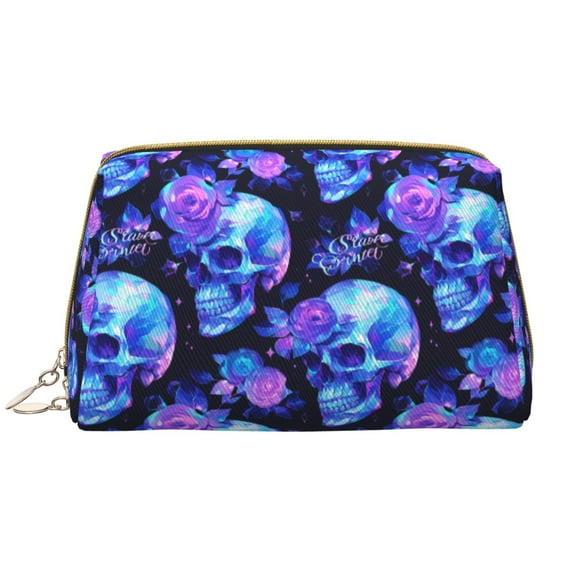 Naloa cool crystal Skull flower Leather Makeup Bag for Purse Travel, Portable Small Cosmetic Organizer for Women and Girls, Make up Bag with Zipper