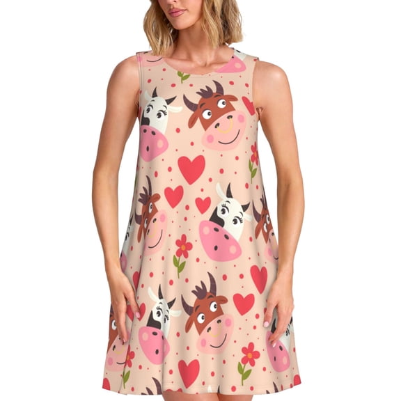 Naloa cow bull with flower and heart Print Women's Summer Spring Casual Beach Sundress,Vacation Sleeveless Tank Crewneck Loose Dresses