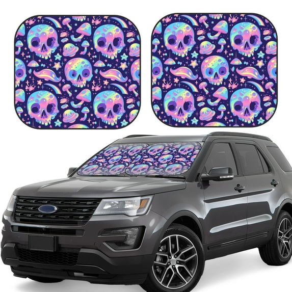 Naloa crystal Skull mushroom Print 2-Piece Windshield Sunshade,Foldable Car Front Window Sun Shades,for Most Sedans SUV Truck-